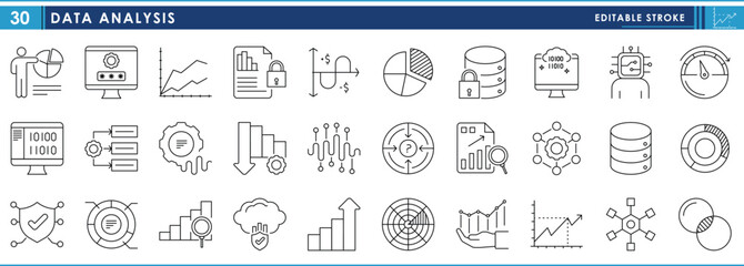 Leinwandbilder - A set of line icons related to Data Analysis. Data, digital, graph, analyze, surplus, growth, research, loss, business, security, and so on. Vector editable stroke.