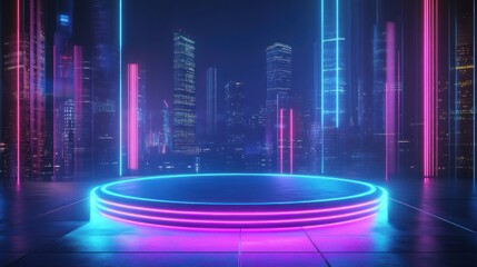 Poster - Futuristic neon-lit stage in a vibrant cityscape at night