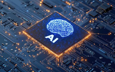 Poster - A futuristic AI chip with a glowing brain icon on a circuit board, symbolizing artificial intelligence and advanced computing. Ideal for tech innovation and AI research