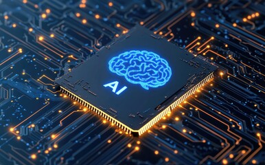 Poster - A futuristic AI chip with a glowing brain symbol on a circuit board, representing artificial intelligence and advanced computing. Ideal for tech and innovation themes
