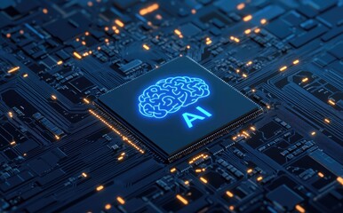 Poster - A futuristic AI chip with a glowing brain icon on a circuit board, symbolizing artificial intelligence and advanced computing. Ideal for tech and innovation content