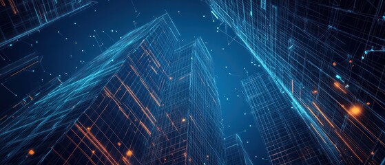 Poster - Futuristic cityscape with glowing lines and digital elements