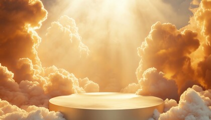Poster - Elegant Podium Adorned With Celestial Clouds And Golden Light: A Scene Of Luxurious Opulence And Heavenly Glow.