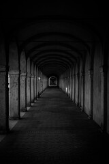 dark tunnel perspective. grunge architecture, old corridor in shadow.