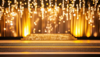 Poster - Luxurious Gold Stage Scene Embellished With Glitter Light Effects, Decorations, And Bokeh, Creating A Luxurious Atmosphere.