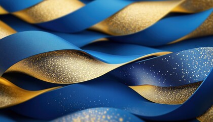 Poster - Luxurious Modern Art Abstract: Blue And Gold Ribbons With Glitter Light Effects And Bokeh Decoration.