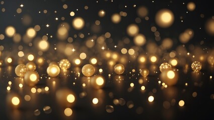 Poster - Golden bokeh lights, blurred on a black background. Glittering sparkle stars for celebration. Overlay for your design.