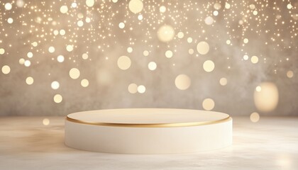 Poster - Realistic Cream Podium Pedestal With Gold Curve Back, Light Effect Decoration, And Bokeh – Elegant And Sophisticated Design.