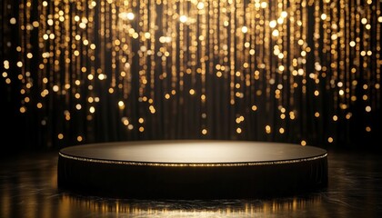 Poster - Elegant Black Stage Enhanced By Opulent Gold Light Effects, Decorations, And Bokeh Elements For A Luxurious Atmosphere.