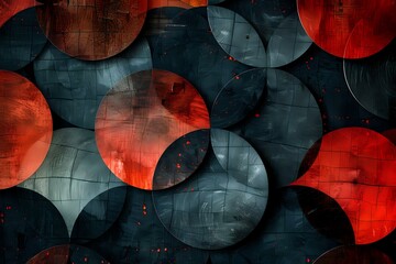 Poster - Abstract geometric pattern with overlapping red and dark blue circles creating depth and texture on grunge background, suitable for modern interior design projects.