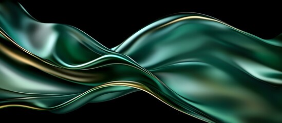 Poster - Luxurious emerald green silk fabric waves with golden accent on black background, flowing in smooth elegant curves creating abstract artistic composition.