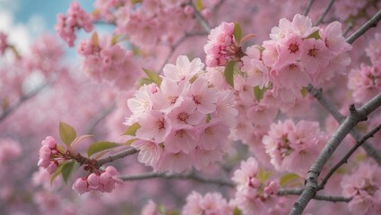 Fototapete - Close-up view of cherry blossoms featuring blooming pink petals and visible stamens at different stages of bloom, set against a blurred light sky background.
