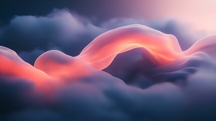 Poster - Ethereal abstract landscape with flowing coral and purple waves against moody dark clouds, creating a dreamy minimalist composition with soft glowing light effects.