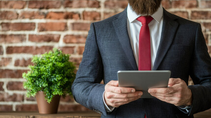 Poster - Businessman wearing suit and red tie using digital tablet in office with brick wall and plant in the background