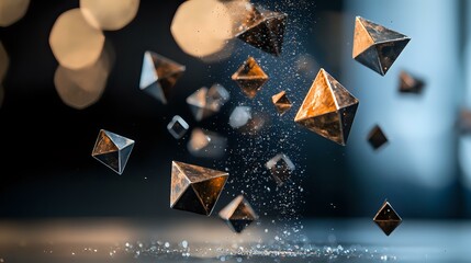 Poster - Floating geometric crystal pyramids with glowing orange bokeh lights and sparkles on dark blue background, dynamic composition for luxury design projects.