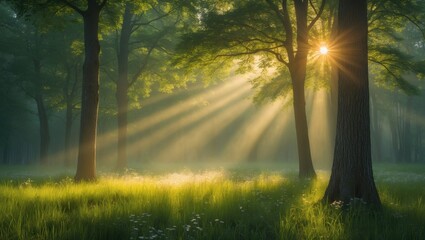Poster - Sunrise sunrays penetrate the trees in the forest, casting a gentle light on the grass and conveying a feeling of tranquility and optimism for a new beautiful day and a bright healthy future ahead.