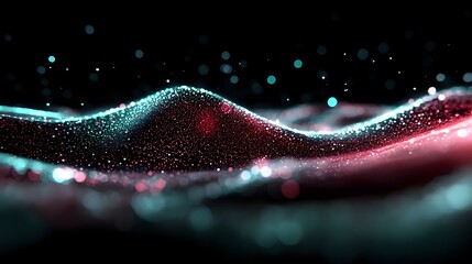 Poster - Glowing particles form dynamic waves in turquoise blue and red colors against dark background, creating abstract flowing motion with bokeh light effects.