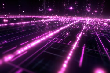 Poster - abstract digital landscape with glowing lines and particles