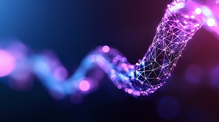 Poster - Glowing purple and blue network connections forming curved line with bokeh effect on dark background, representing digital data flow and connectivity.