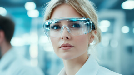 Poster - Close-up of a scientist wearing safety glasses, highlighting the importance of protective measures in scientific research