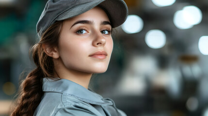 Aufkleber - Young female factory worker wearing baseball cap, glancing over shoulder, blurred industrial setting behind her