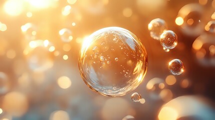 Poster - Magical soap bubbles floating in golden sunlight with bokeh effect background creating dreamy atmosphere. Macro photography captures transparent spheres in motion.