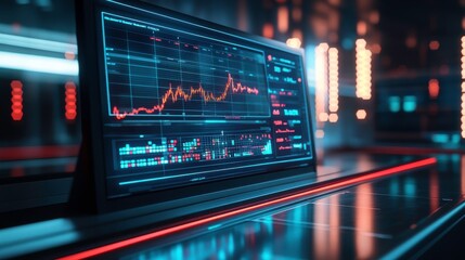 Poster - a sleek monitor displaying stock market data with vibrant graphs and digital elements in a modern, f