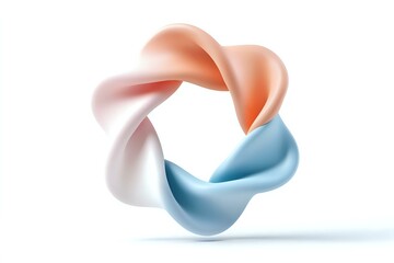 Poster - Abstract twisted ring shape in coral pink and light blue colors creating continuous flowing motion on white background, modern minimal design element.