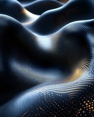 Poster - Abstract digital wave pattern with glowing dots forming dynamic curved surface in dark blue and gold tones, creating futuristic technological landscape effect.
