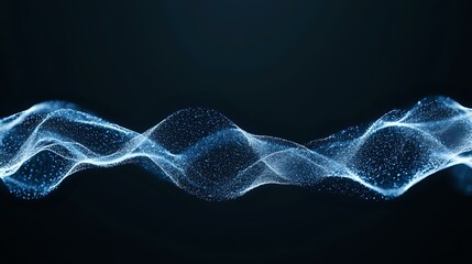 Poster - Glowing blue particle wave formation on dark background, flowing dynamic motion with sparkles and light effects creating abstract digital art pattern.