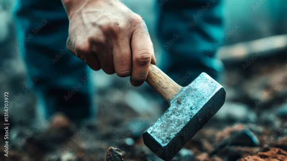 A geologist in the field, holding up a hammer and a rock sample, examining it closely