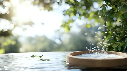 Poster - Serene water drops splashing in terracotta bowl with floating leaves against blurred natural garden background with sunlight bokeh and green foliage.