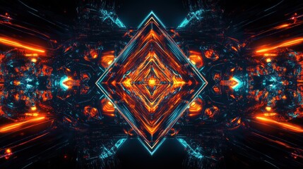 Fototapete - A vibrant, abstract digital artwork featuring glowing shapes and patterns in blue and orange hues.