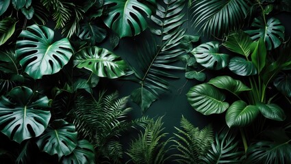 Poster - Background of dark green tropical leaves (monstera, palm, coconut leaf, fern, palm leaf, banana leaf) in a panoramic view. Concept of nature.