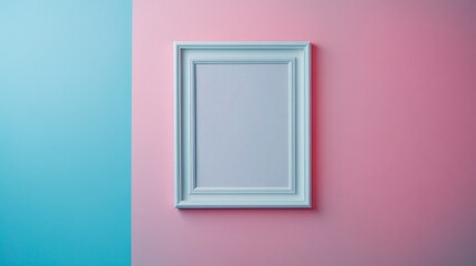 Aufkleber - A blank picture frame hangs elegantly on a vibrant, two-toned wall of soft blue and pink. The minimalist design creates an inspiring atmosphere for artistic expression and décor ideas