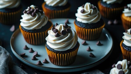 Poster - Chiaroscuro or dark food macro photography, flat lay or overhead view of cupcakes topped with chocolate chips on a plate, concept of homemade desserts.