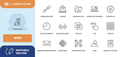 Poster - outline icons set - web concept. newscaster, interlinked web and more.