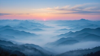 Aufkleber - Stunning nature landscape, mountains shrouded in morning mist.