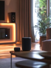 Aufkleber - Voice commands control lighting and music in a stylish living room with smart speakers
