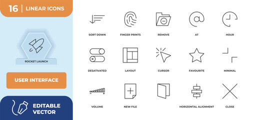 Poster - outline icons set - user interface concept. rocket launch, sort down and more.