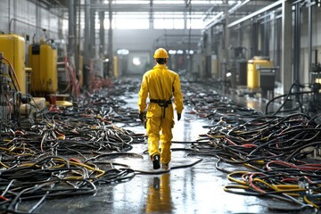 Poster - Worker in yellow suit walking through industrial area with cables