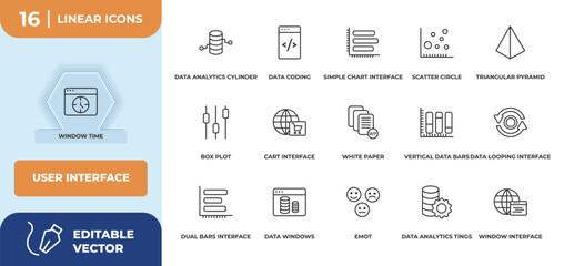 Poster - outline icons set - user interface concept. window time, data analytics cylinder and more.