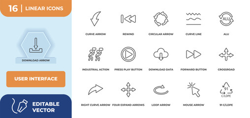 Poster - outline icons set - user interface concept. download arrow, curve arrow and more.