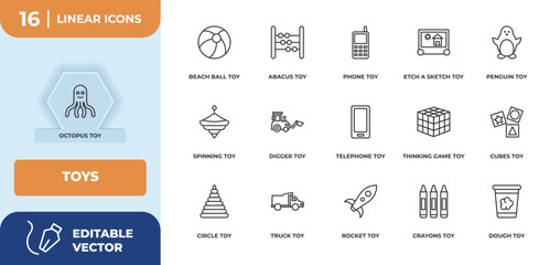 Poster - outline icons set - toys concept. octopus toy, beach ball toy and more.