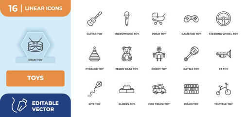 Poster - outline icons set - toys concept. drum toy, guitar toy and more.