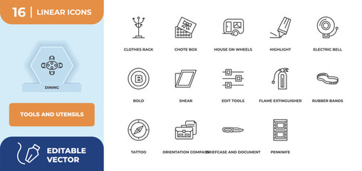 Poster - outline icons set - tools and utensils concept. dining, clothes rack and more.