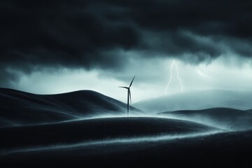 a gothic depiction of a lone wind turbine on a desolate hill, surrounded by dark clouds and illumina