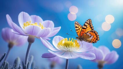 Aufkleber - Detail featuring shallow focus on a white anemone flower with yellow stamens and a butterfly set against a background of a blue sky with beautiful bokeh. An artistic and delicate depiction of the b...