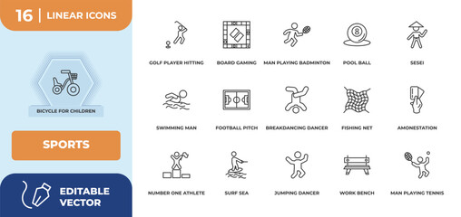Poster - outline icons set - sports concept. bicycle for children, golf player hitting and more.