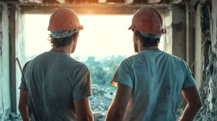 Poster - Construction workers surveying demolition site through window during golden sunset lighting